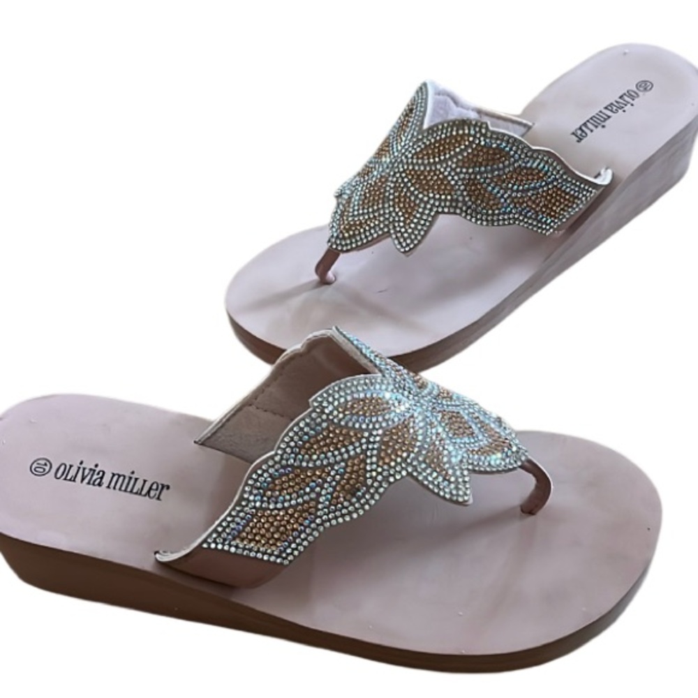 OLIVIA MILLER WOMENS SHABBY CHIC GOLD COAST EVA WEDGE THONG SLIP ON SANDAL SZ 10